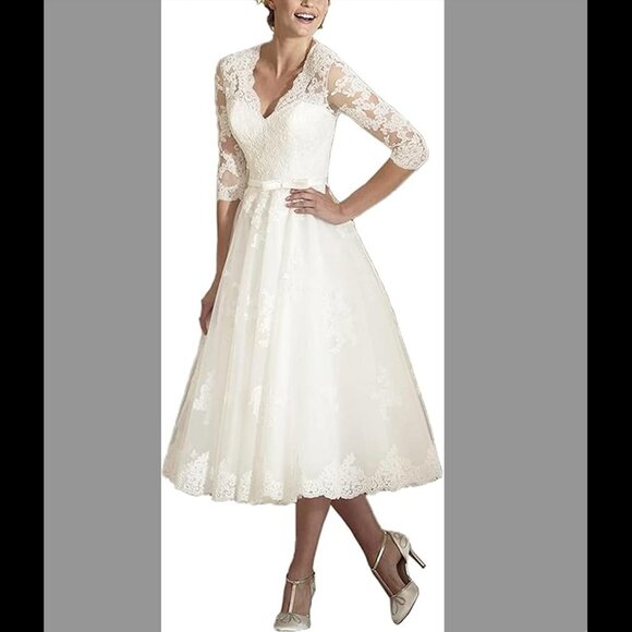 Tulle Lace Wedding Dress - White - Tea Length - 3/4 Sleeve - Size 16 NWT - Picture 1 of 10